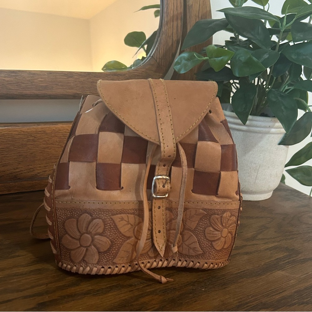 Vintage leather boho drawstring backpack
